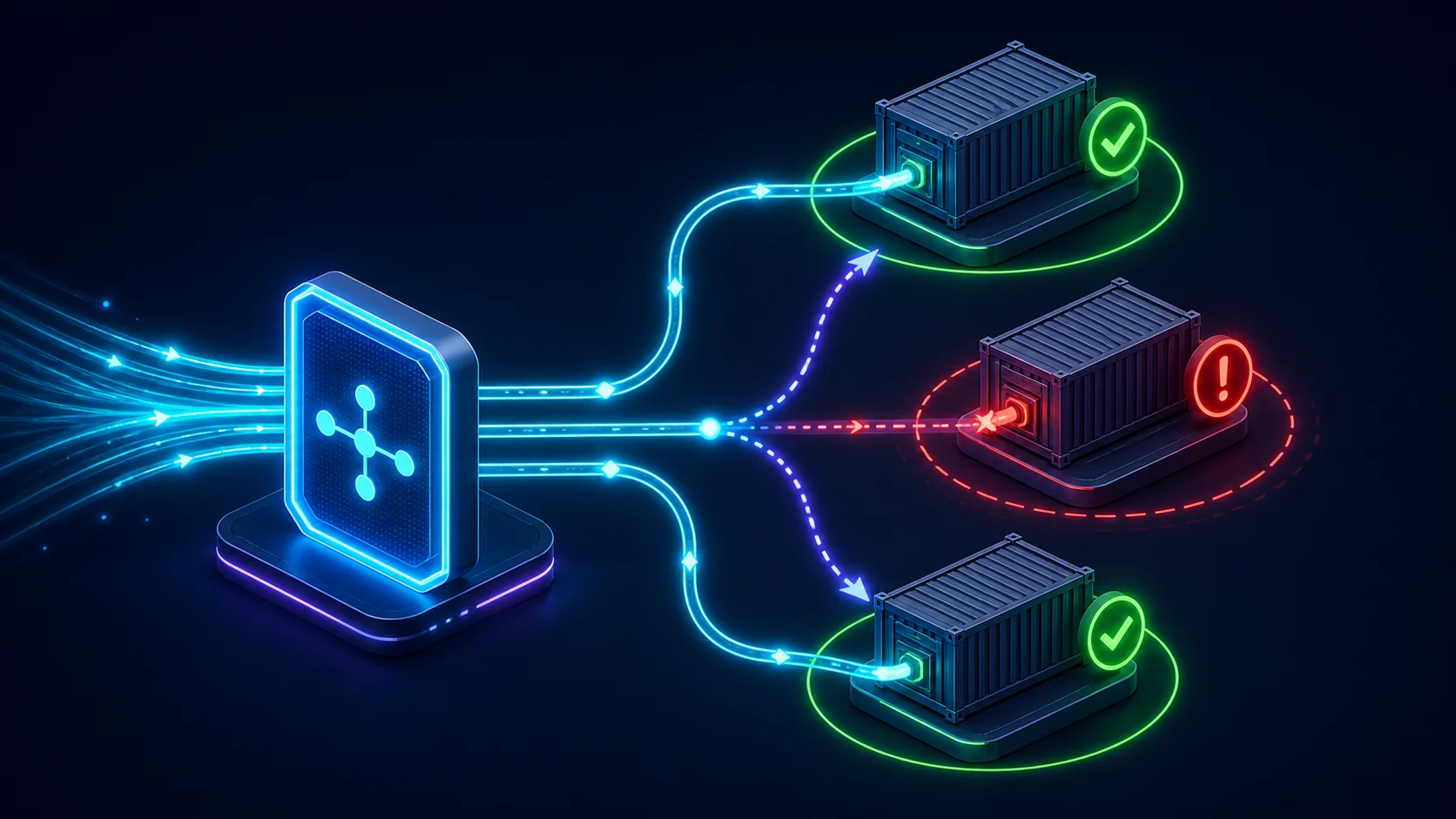 Load balancer routing requests to two healthy containers while removing one failed container from rotation