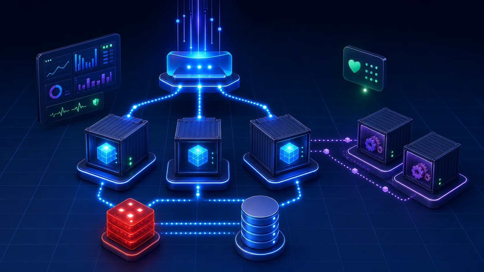 Production architecture with a reverse proxy, three application containers, Redis, PostgreSQL, workers and monitoring