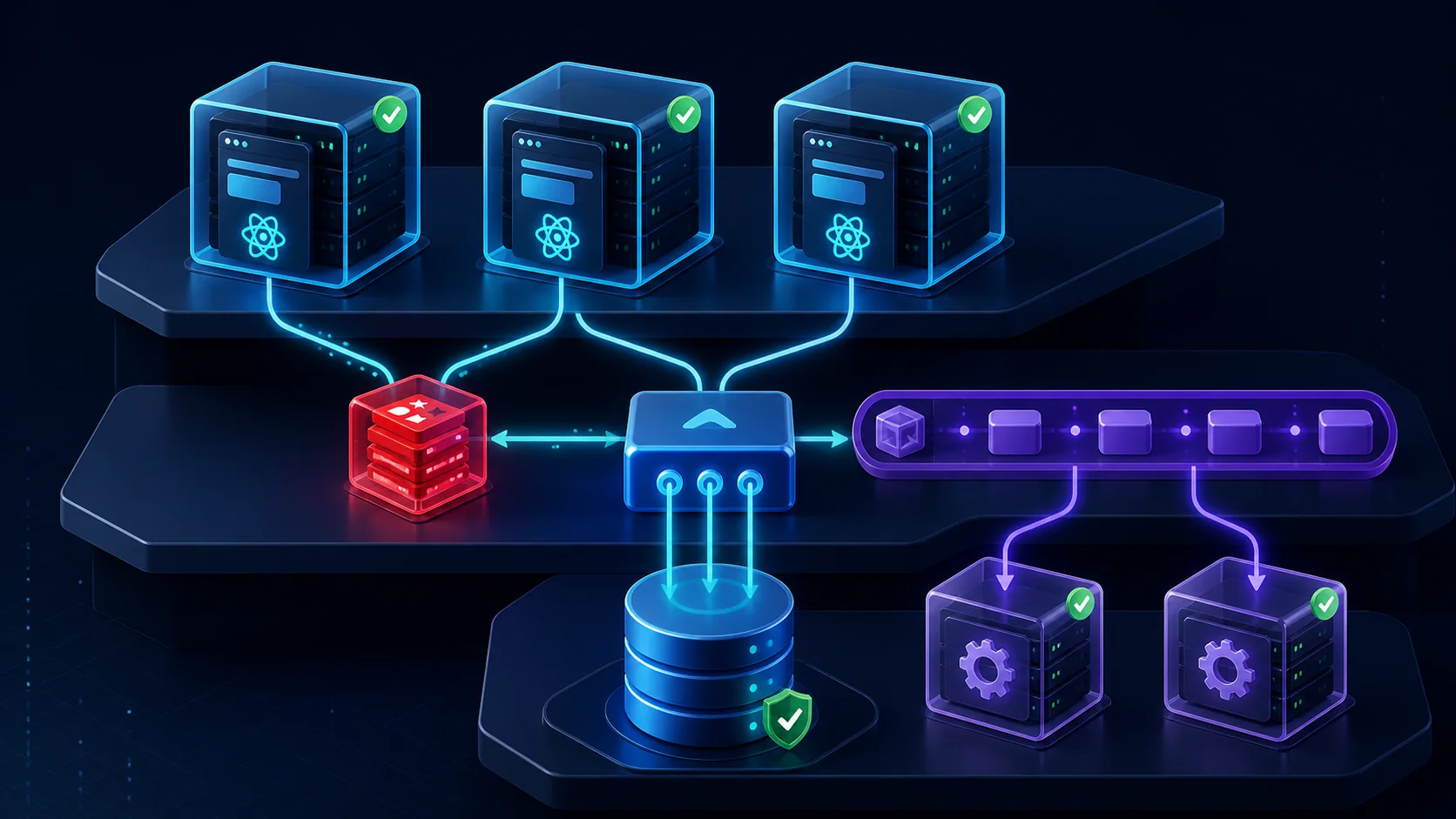 Three stateless web containers sharing Redis, a PostgreSQL connection pool and a durable queue with two workers