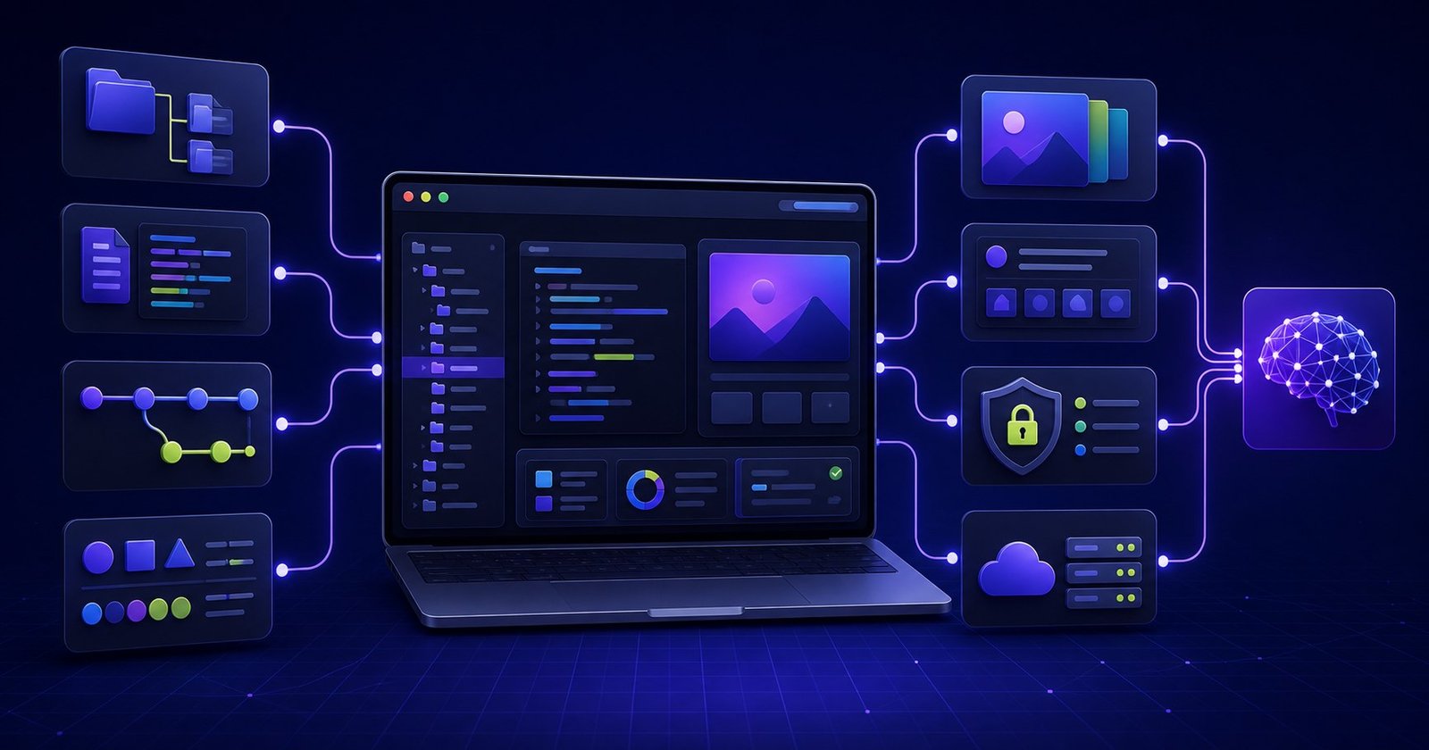 Modern development workspace connected to project architecture, security, assets, and AI services