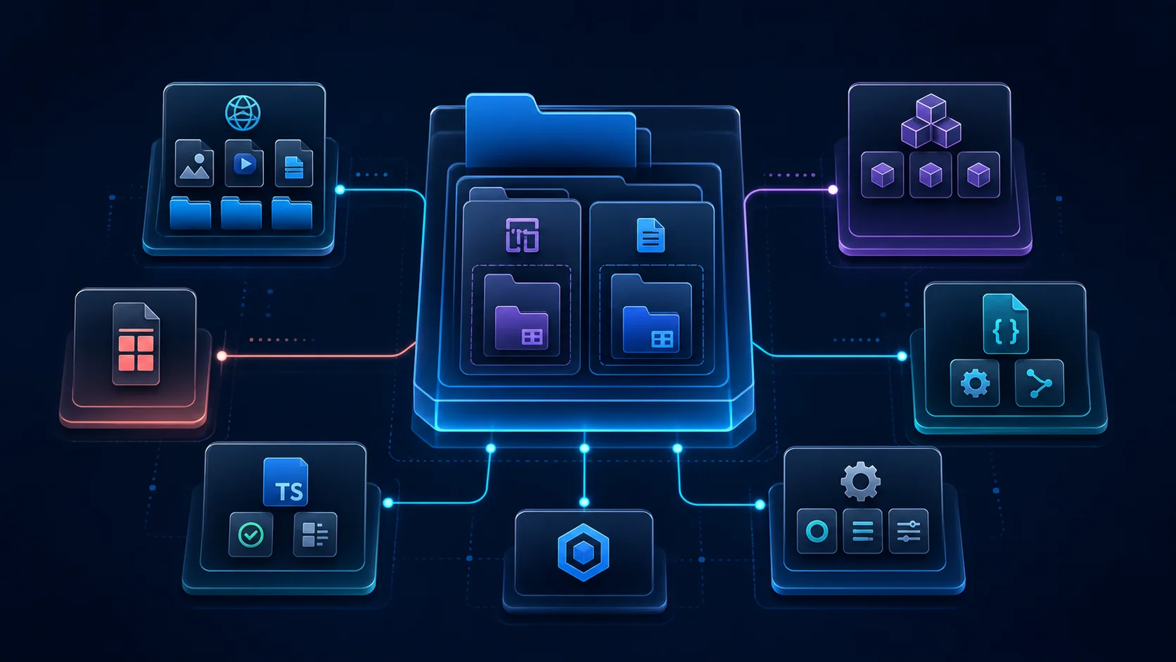 An exploded technical illustration of a central app folder connected to assets, TypeScript, packages, and configuration modules