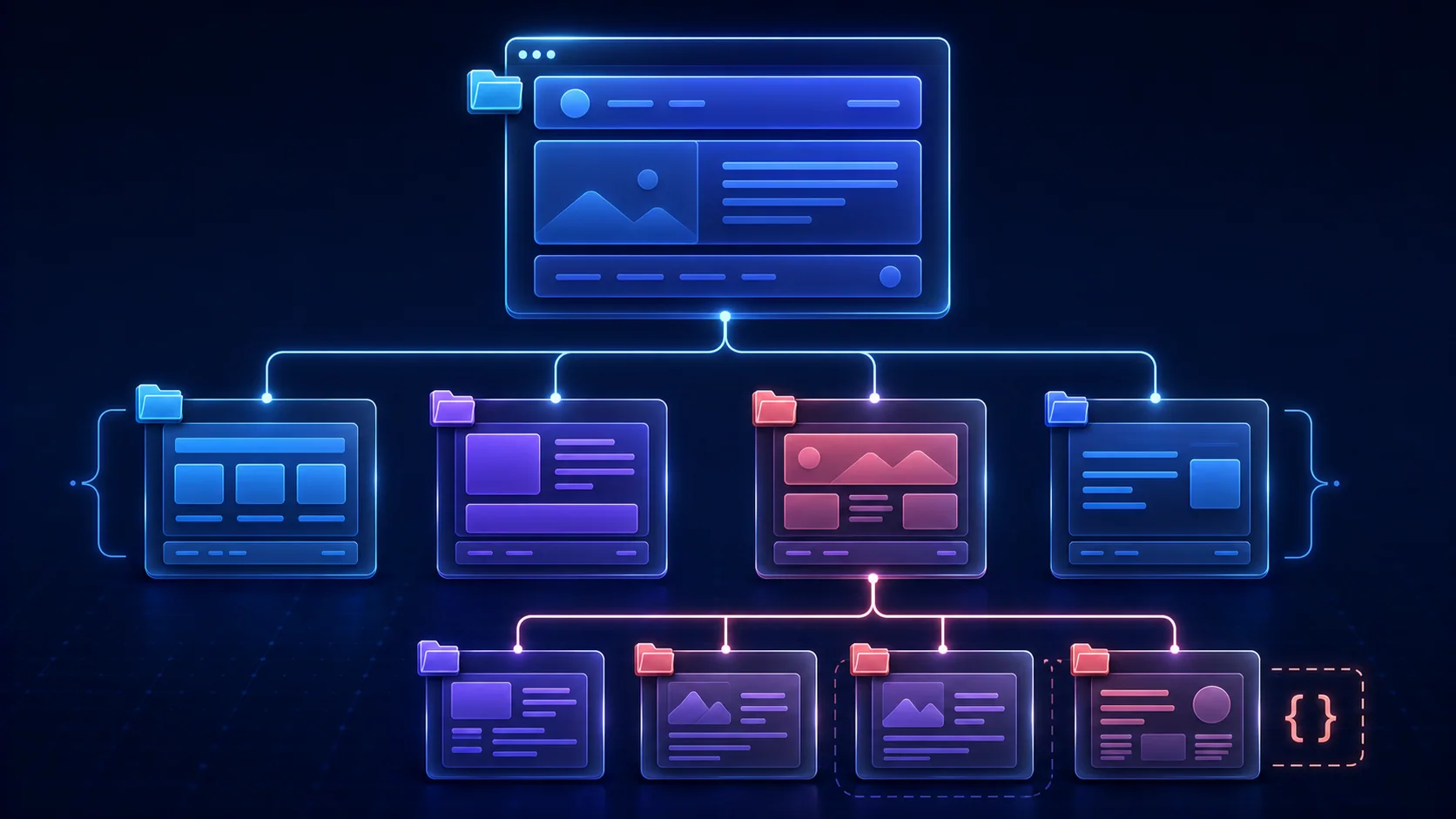 A root web layout branching to route cards and deeper nested article cards