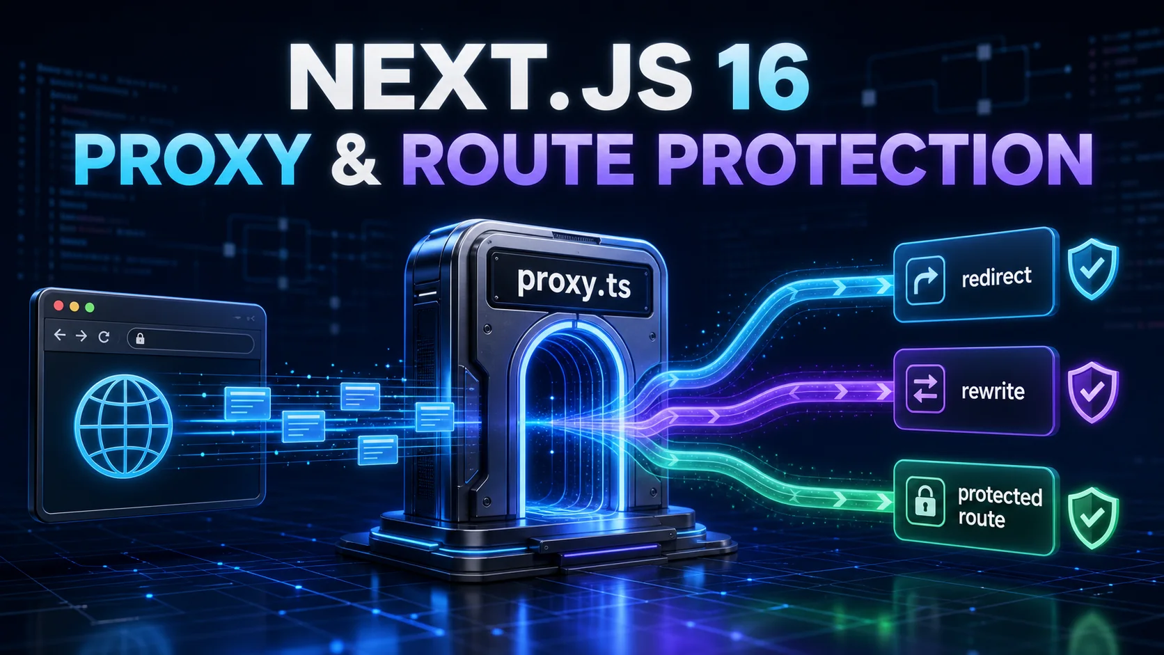 Next.js 16 Proxy gateway routing browser requests to redirect, rewrite, and protected route outcomes
