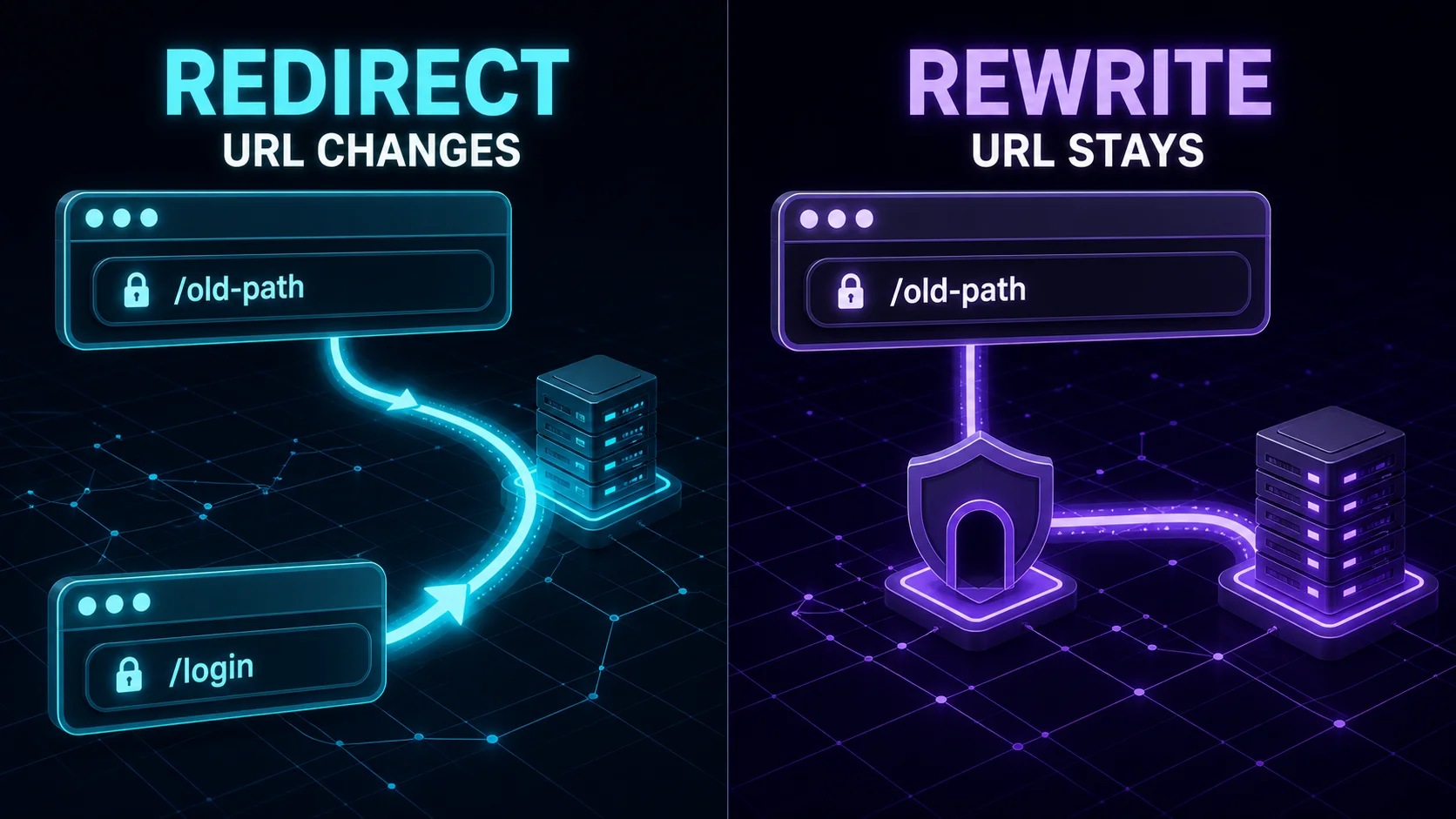 Redirect changes the browser URL while rewrite preserves the public URL and routes internally