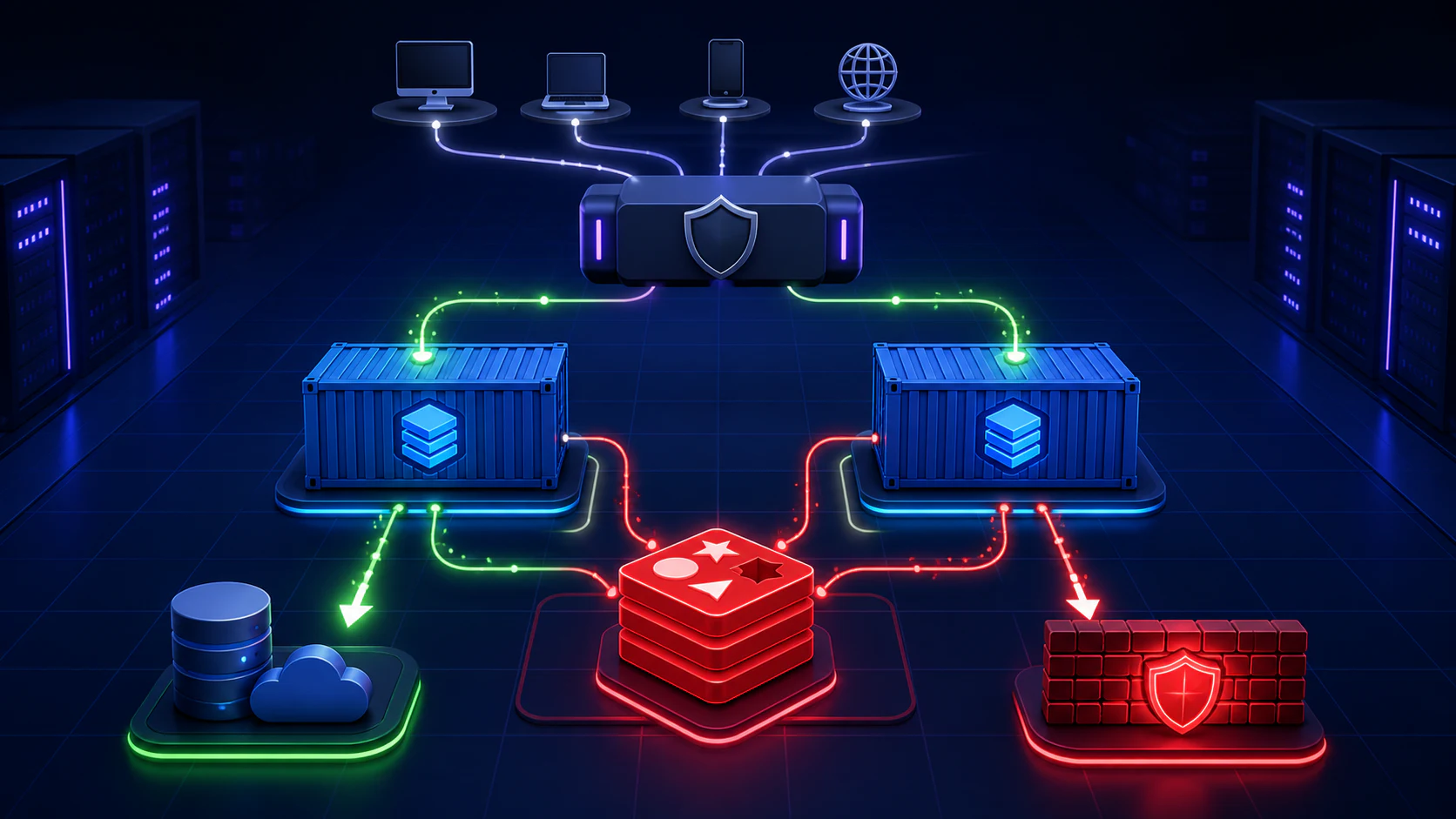 Two application containers behind a secure gateway sharing one Redis rate limiter with allowed and blocked request paths