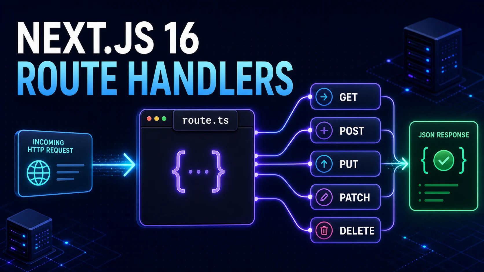 An incoming HTTP request reaches route.ts, branches into five HTTP methods, and returns a JSON response