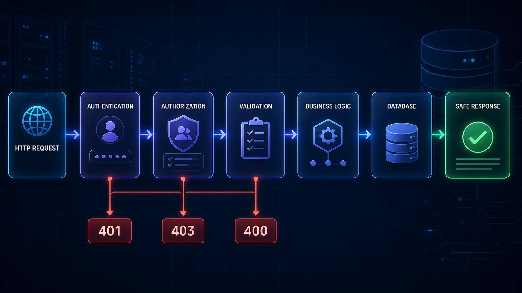 A secure HTTP request pipeline with authentication, authorization, validation, business logic, database access, and a safe response