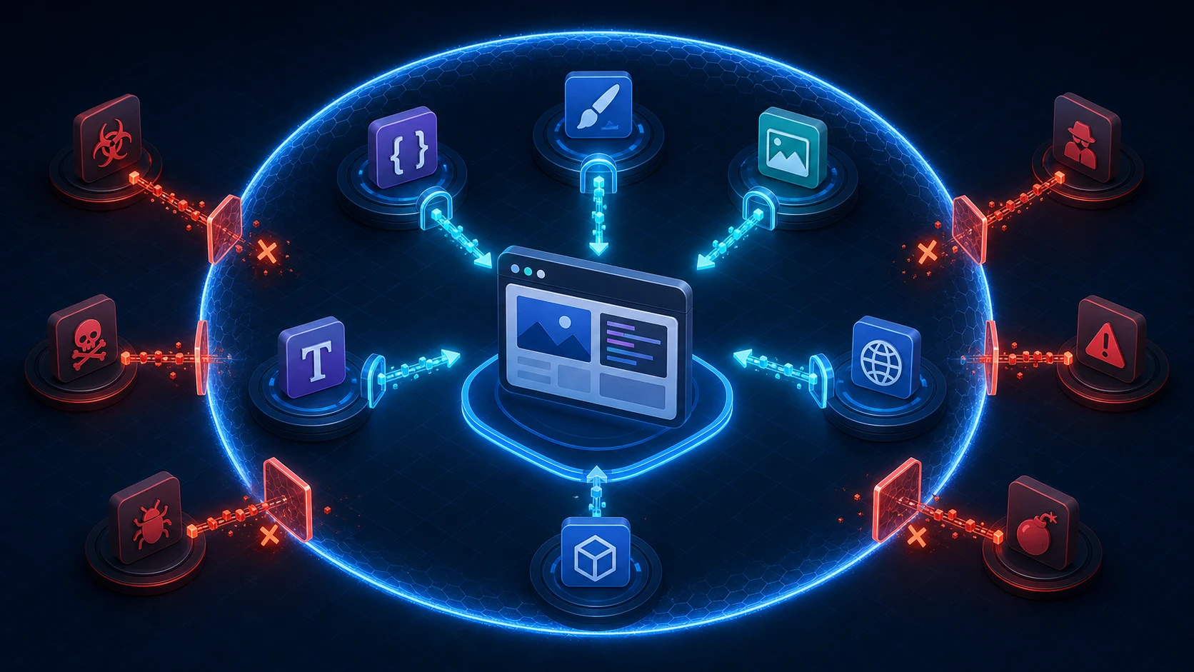 Trusted scripts, styles, images, fonts, connections and frames entering a browser while untrusted resources are blocked outside the CSP boundary