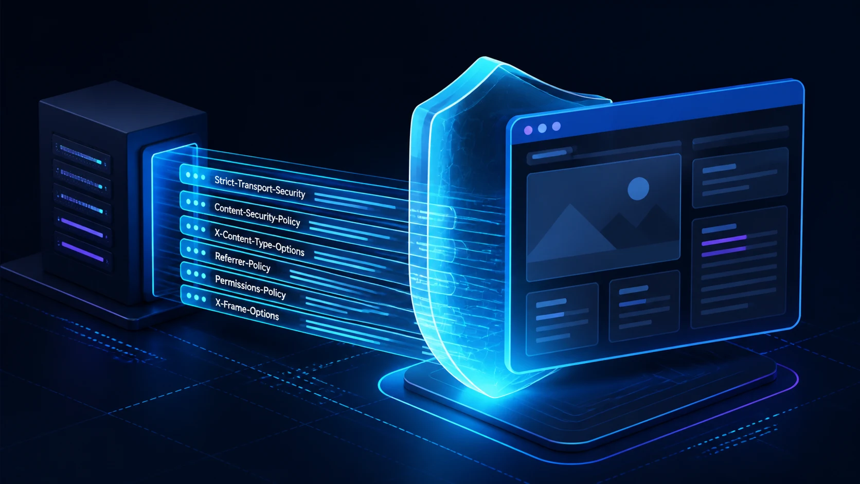 Server sending security response headers through a luminous shield to a browser application