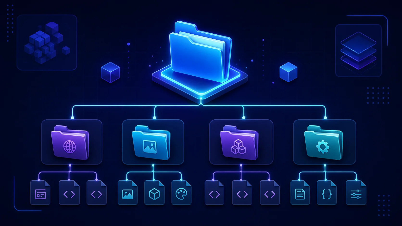 A Next.js project folder branching into route, asset, component, and configuration modules