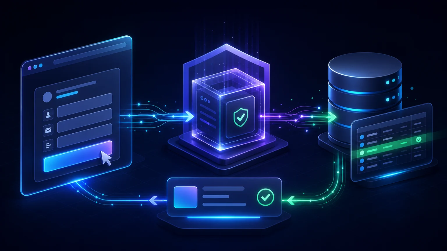 A form sending data through a protected server function to database records and a refreshed browser interface