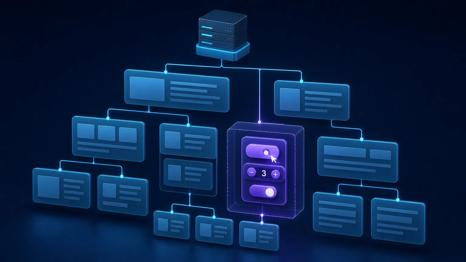 A large server-rendered component tree with one small violet interactive client boundary