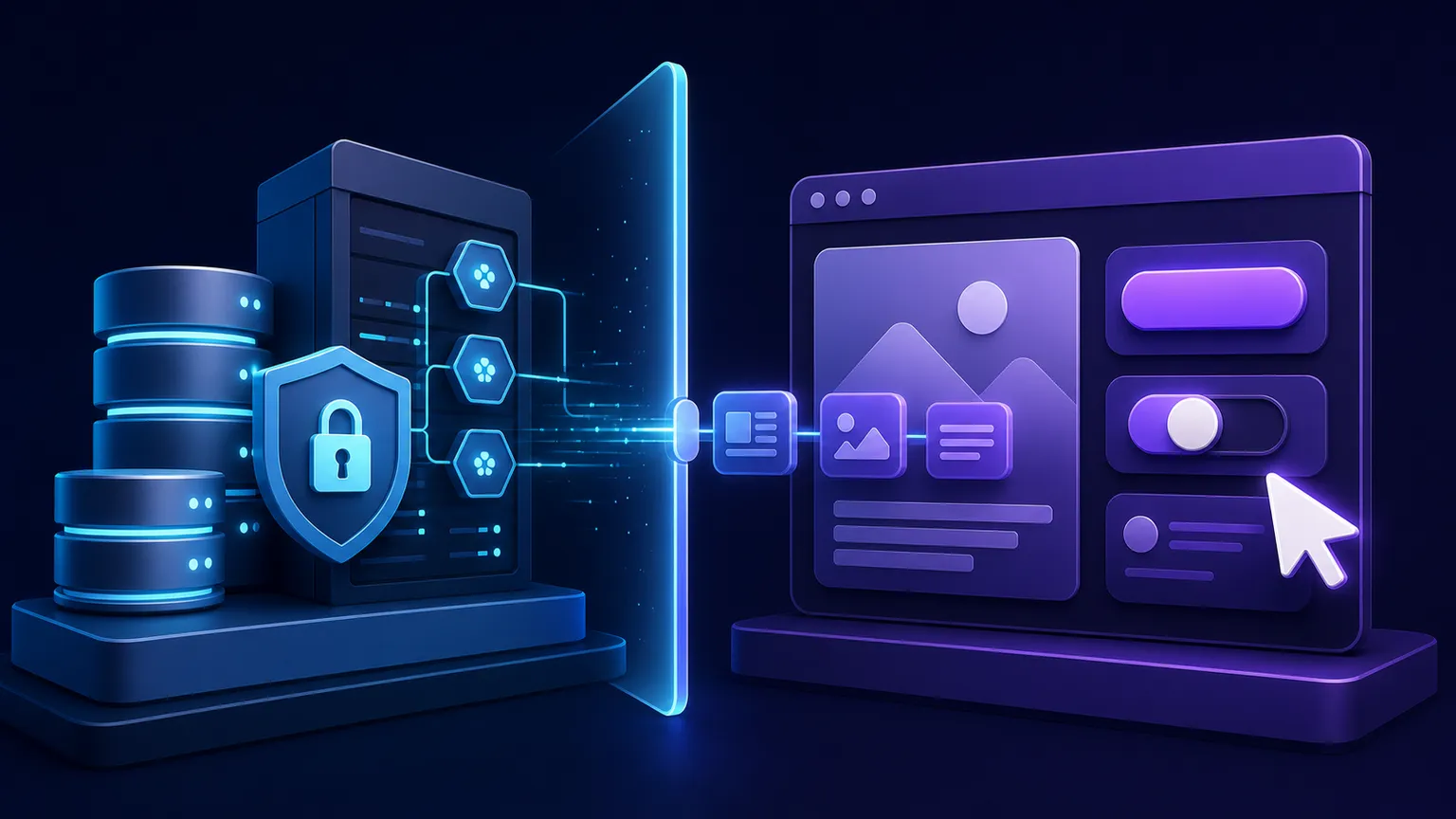 A secure server and database connected through a component boundary to an interactive browser interface
