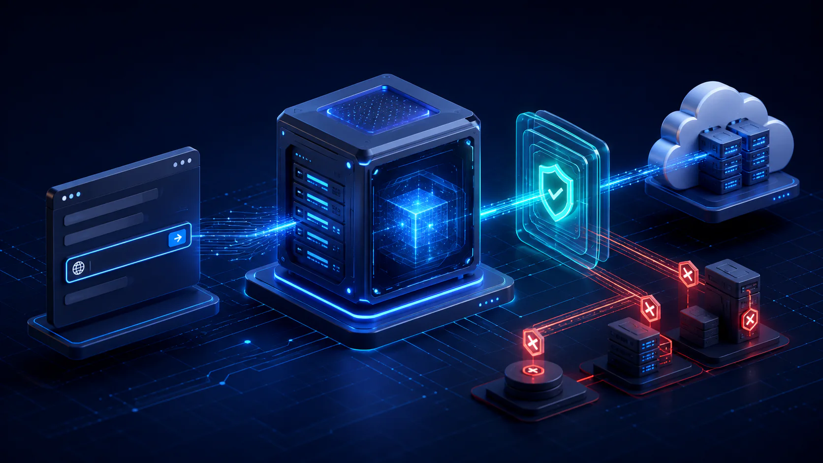 A protected application server routes an approved request to a public service while blocking access to internal systems