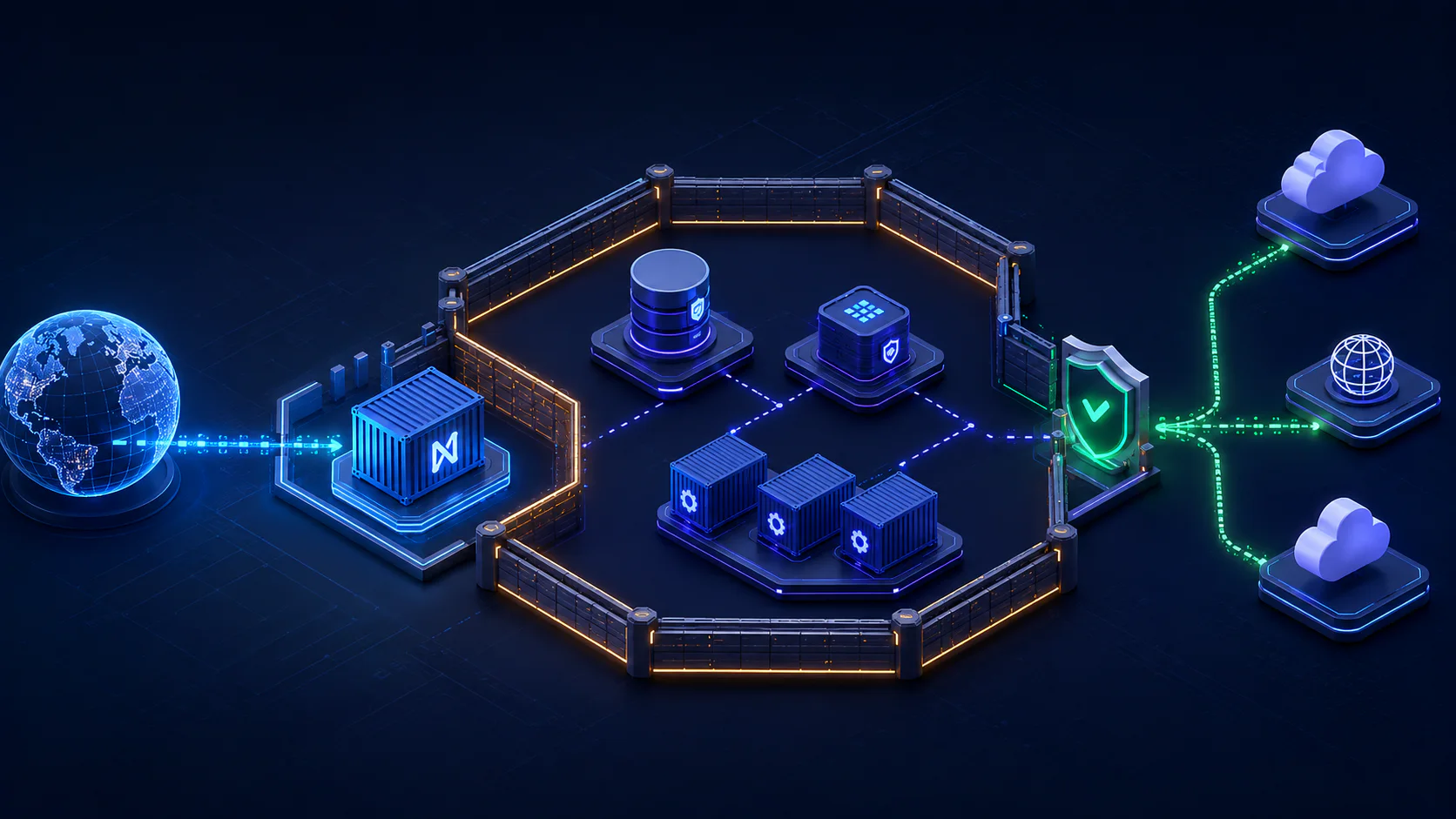 A web application and its private database, cache, and worker containers are enclosed by network boundaries while outbound traffic passes through an egress gate