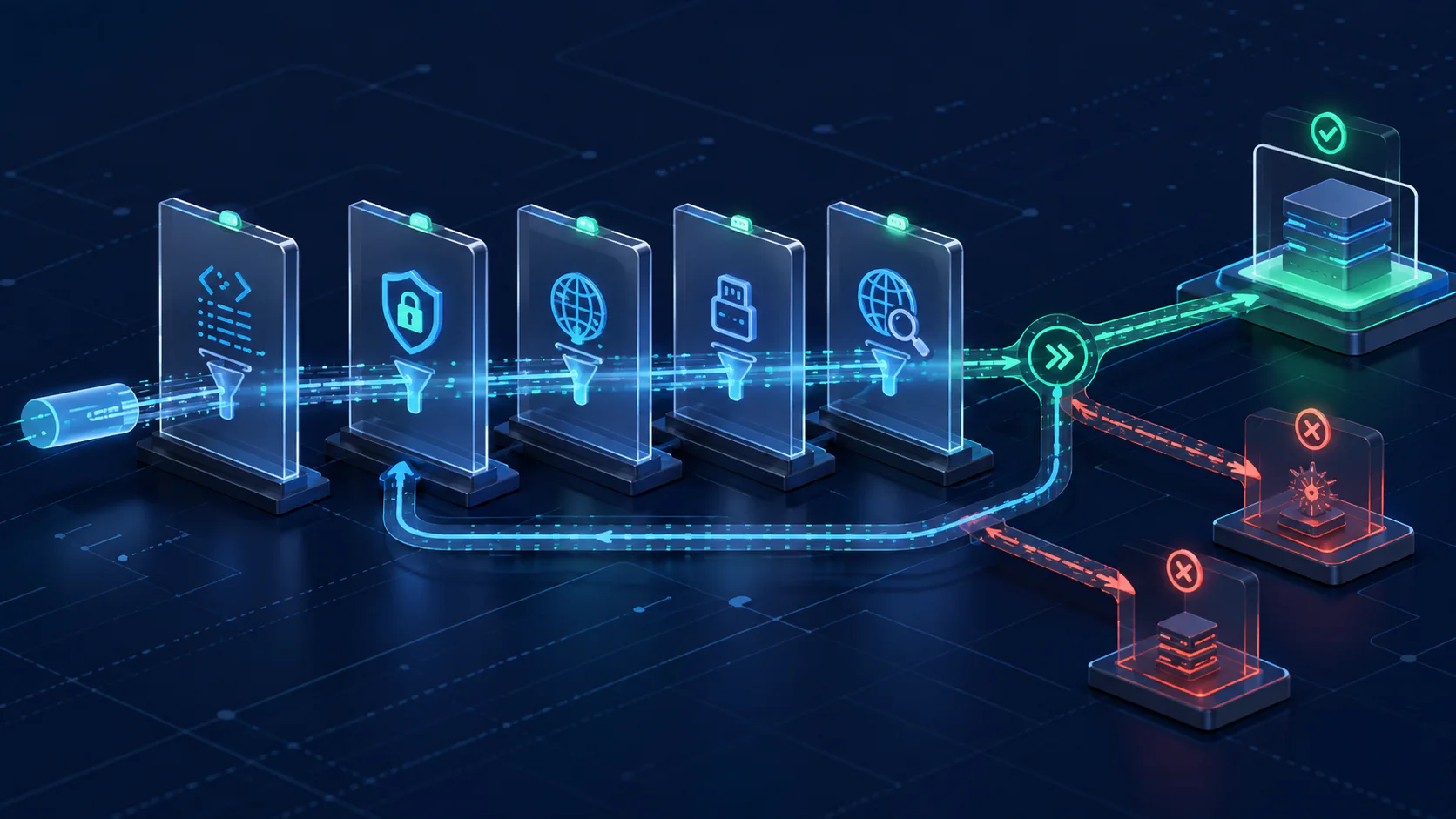 A request travels through multiple validation gates and a redirect loop before reaching one approved external service
