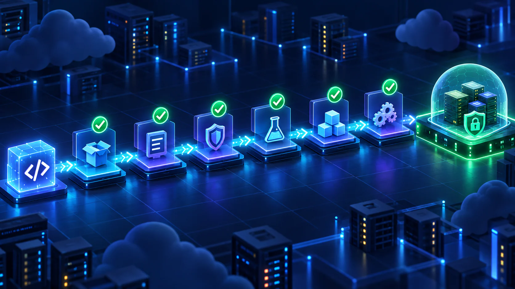 A source code change passing through six automated quality gates before a protected deployment