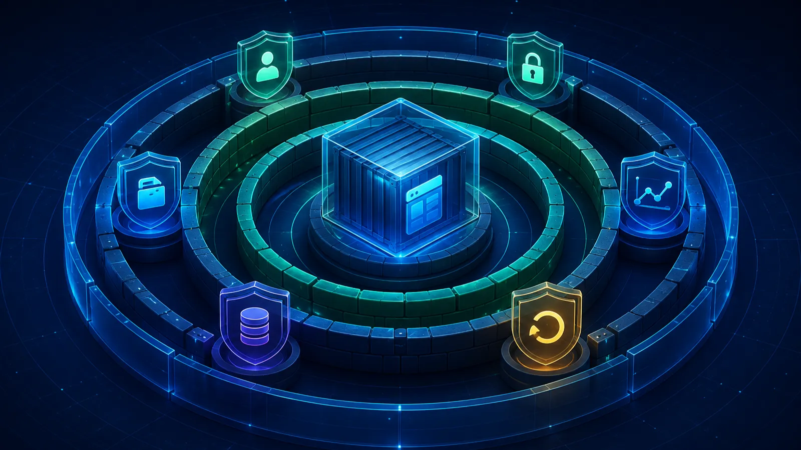 A central application container protected by concentric security walls and controls for identity, secrets, data, monitoring, and recovery