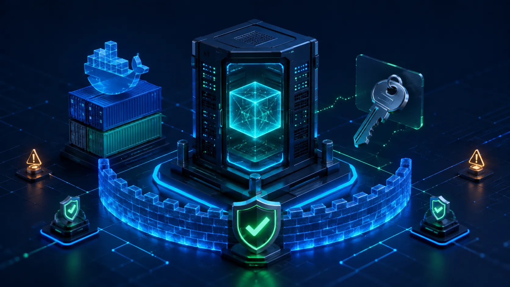 A protected Docker application server surrounded by a firewall, access key, containers, and layered security shields