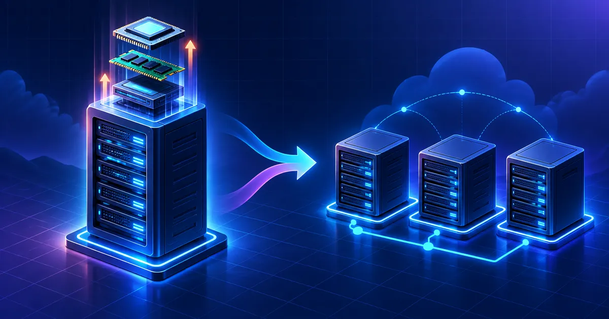 One large server compared with three connected servers for vertical and horizontal scaling