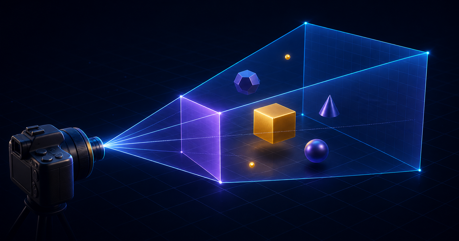 Perspective camera viewing frustum containing a cube and other 3D objects