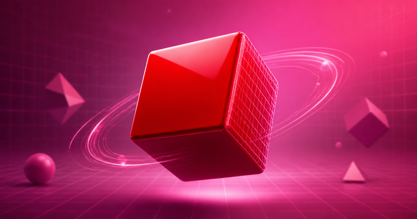 Glossy red cube rotating in a luminous pink Three.js environment
