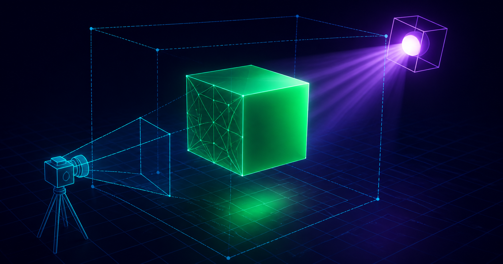 Glowing green cube inside a virtual Three.js scene with camera and light rays