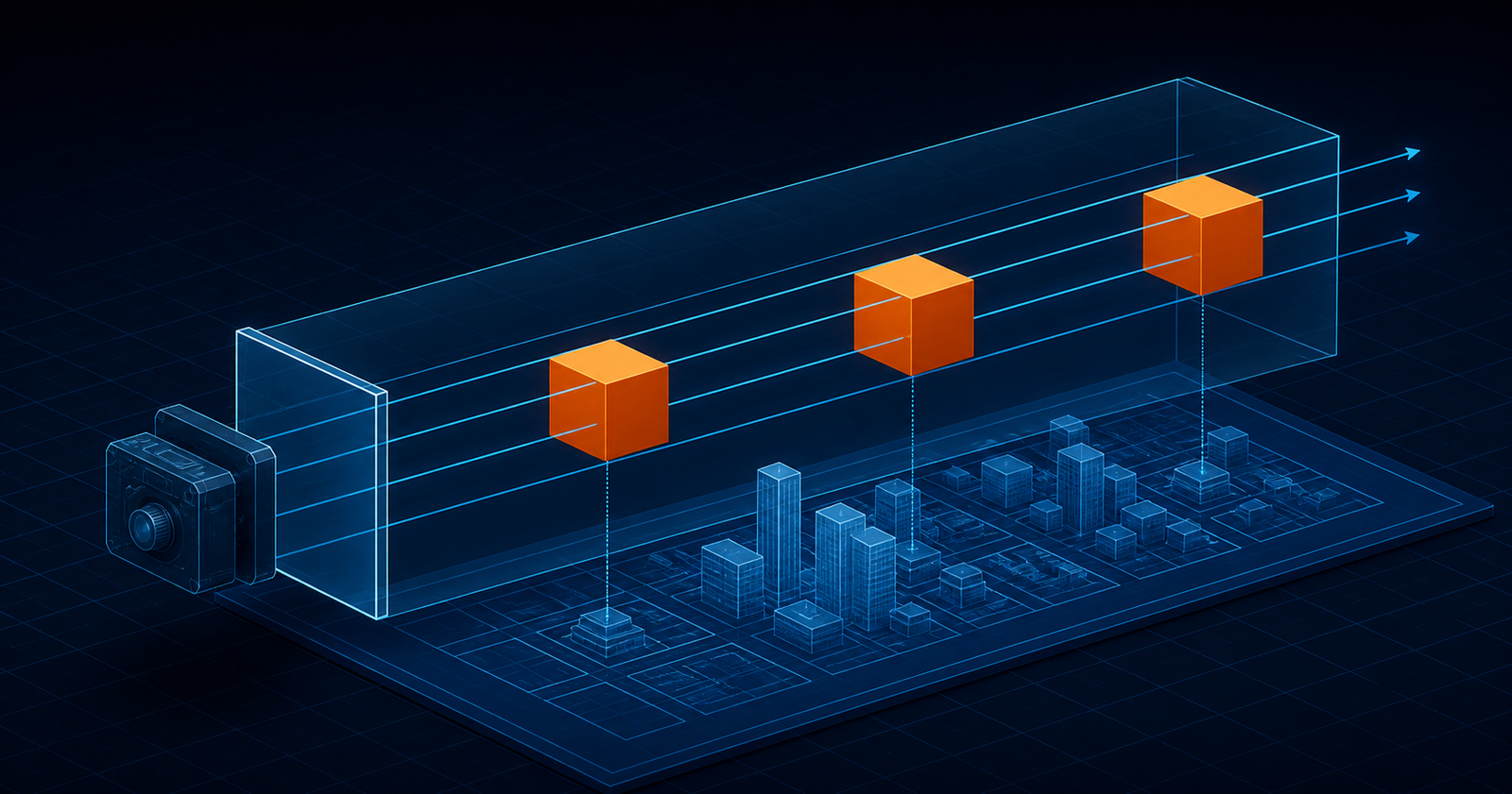 Parallel orthographic projection rays passing through equal-sized cubes above a blueprint city