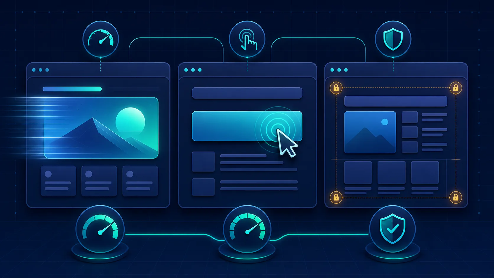 Three browser panels representing fast content loading, responsive interaction, and stable layout