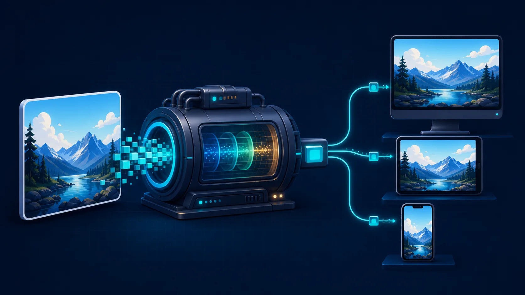 Large image moving through an optimization pipeline into desktop, tablet, and mobile variants