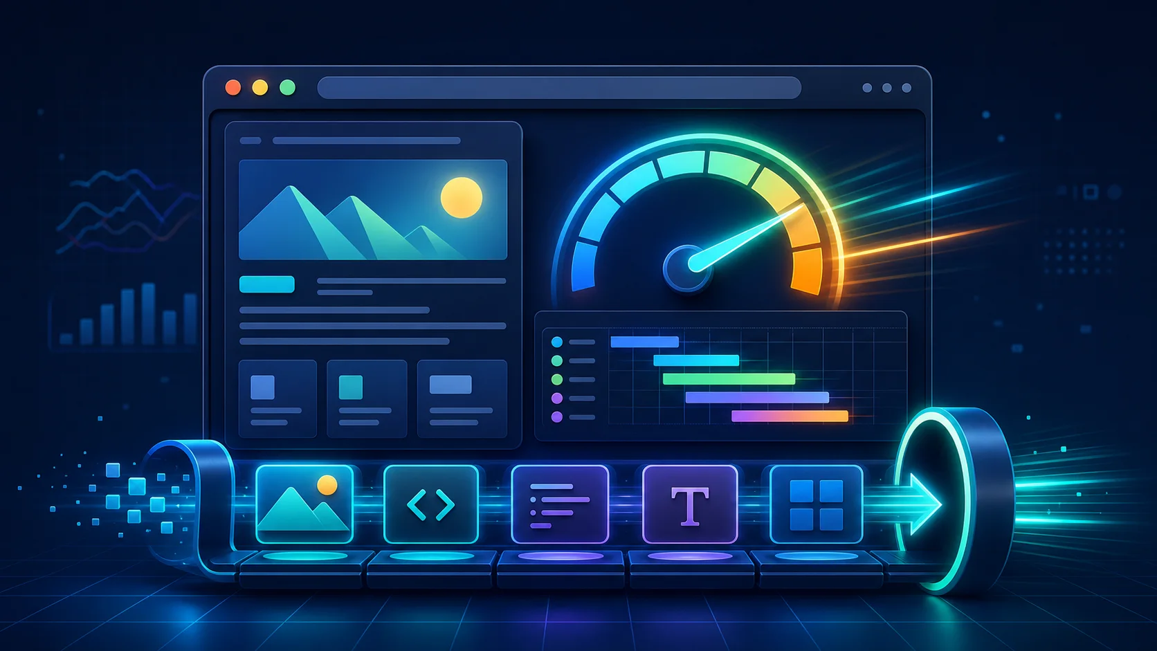 Website performance dashboard with a speed gauge, network waterfall, and optimized resource cards