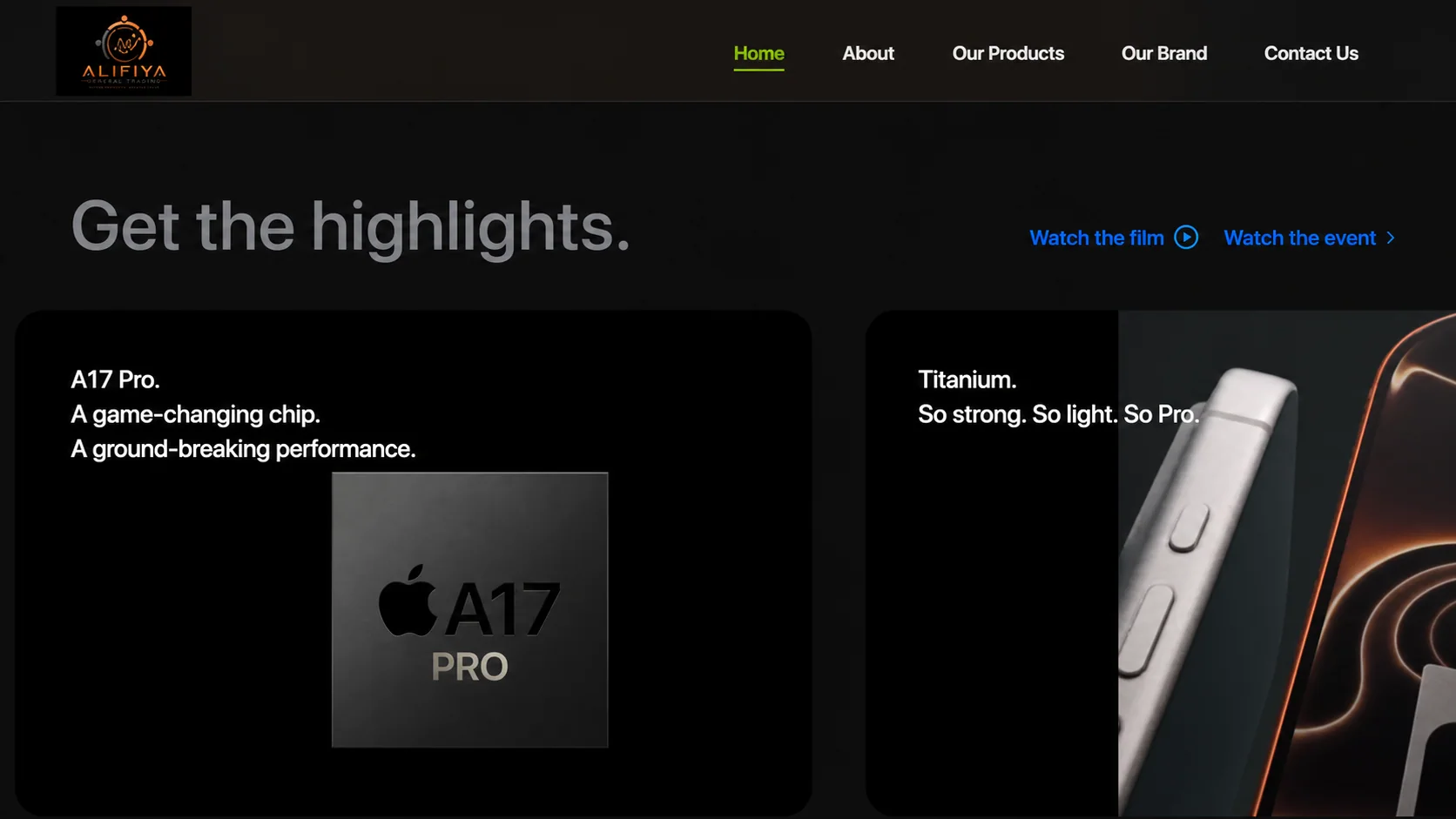 Alifiya General Trading dark website homepage with product highlight panels