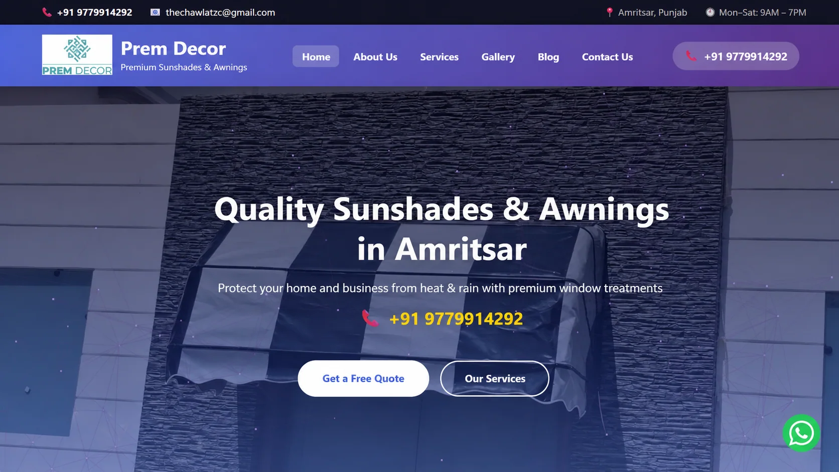 Prem Decor website homepage for premium sunshades and awnings in Amritsar
